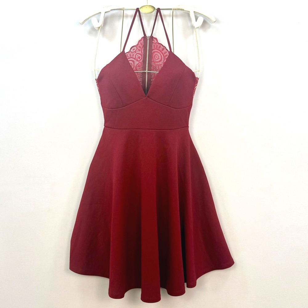 Olive Tree Burgundy Lace Back Skater Dress V-Neck Cutout Sz S